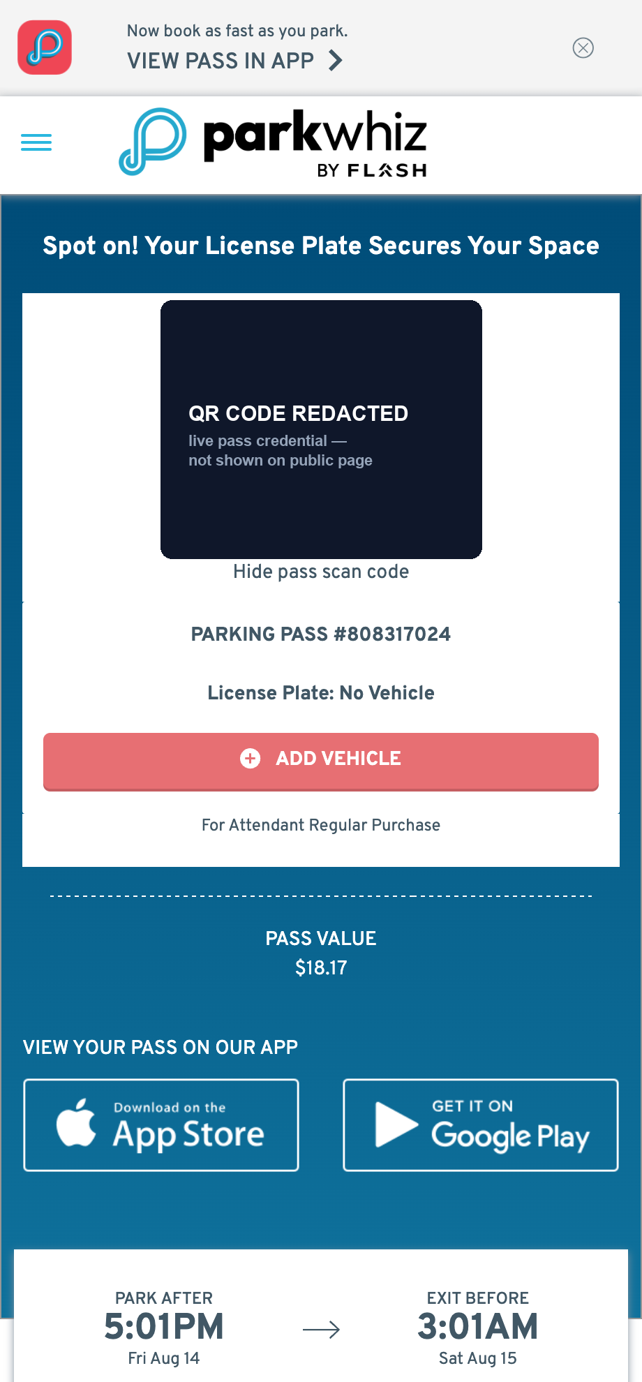Tier 2 native ParkWhiz pass page (QR redacted)